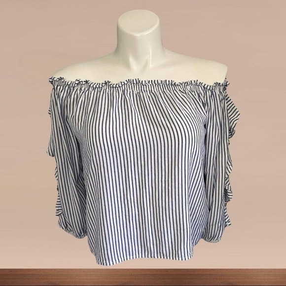 Arizona Jean Co Blue and White Striped Off Shoulder Blouse‎ M - Picture 1 of 7